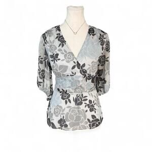 Floral wrap baby doll 3/4 sleeve wrap silk top tie backbelt size m daisy Fuentes